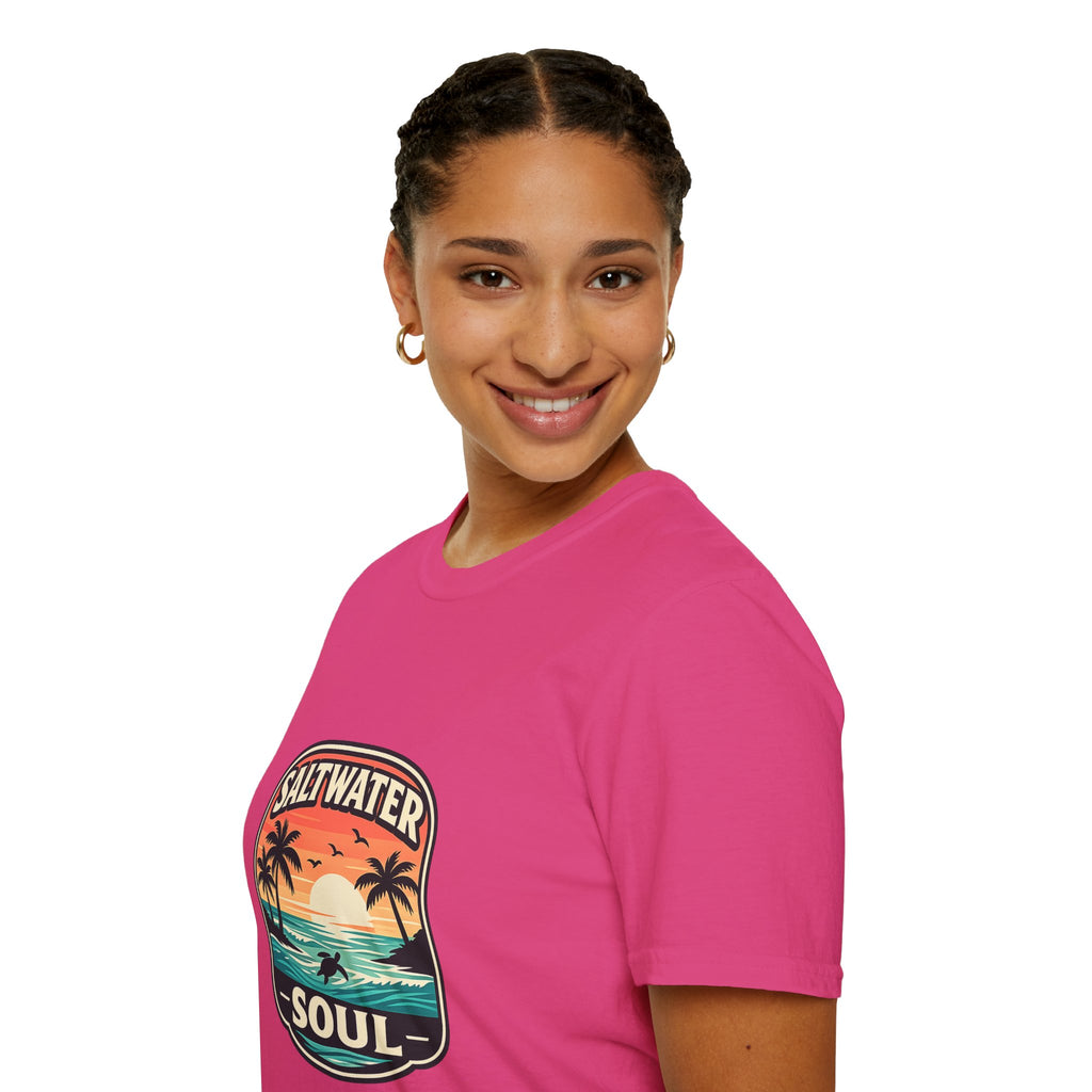Saltwater Soul Retro Beach T-Shirt — Cute Coastal Gift for Women Sunset Palm Tee