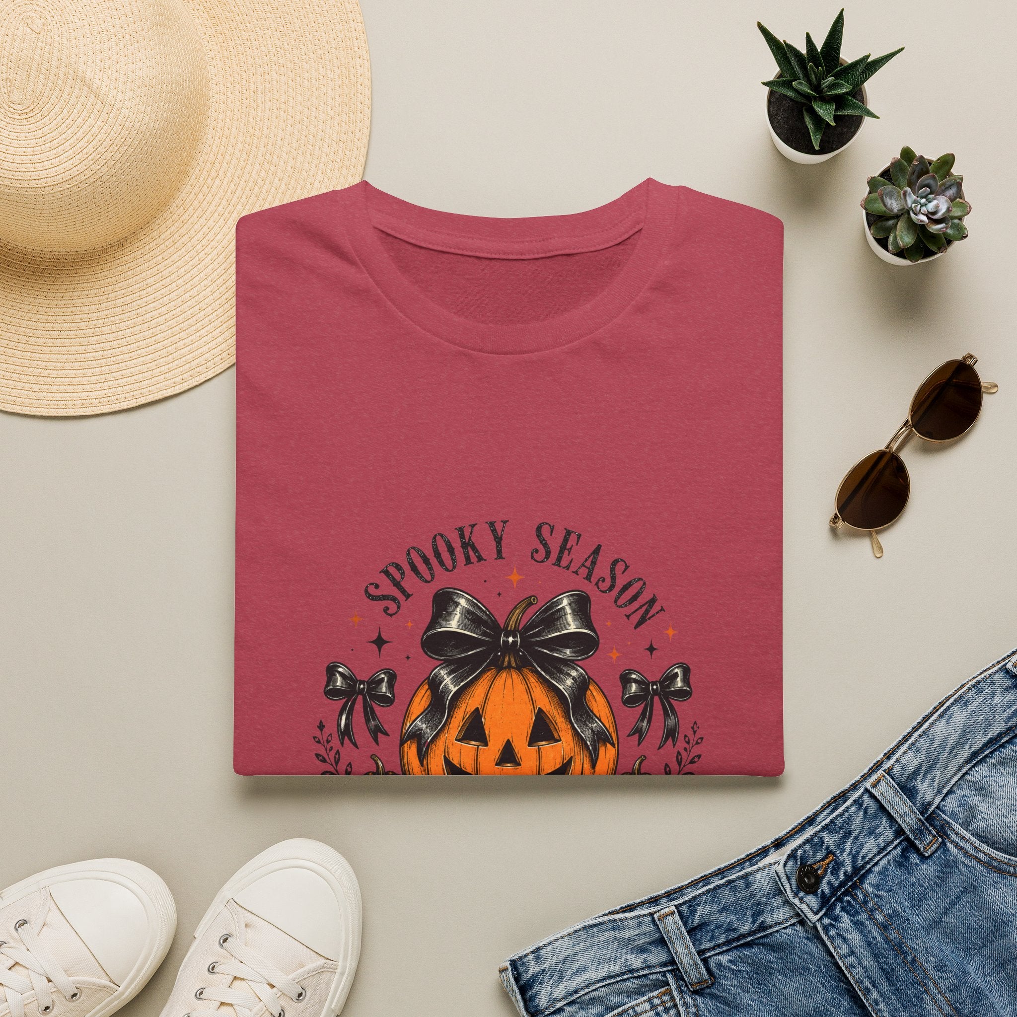 Spooky Season Jack-O'-Lantern Bow T-Shirt — Cute Halloween Gift for Women Graphic Tee
