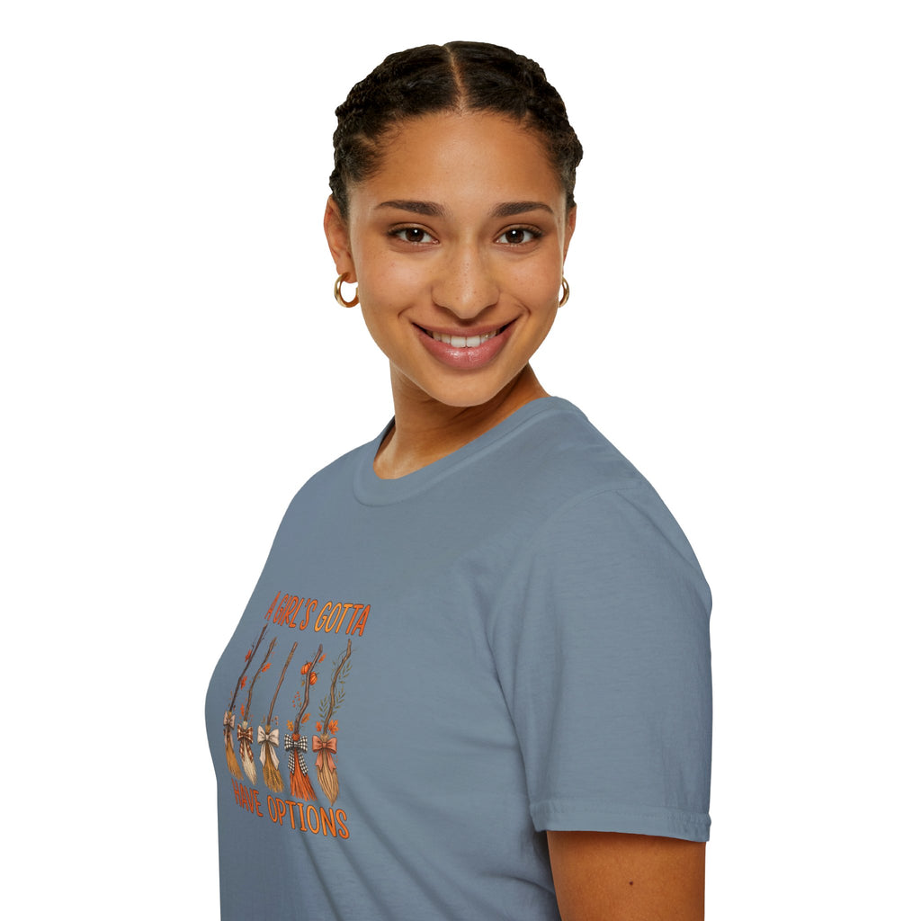 A Girl's Gotta Have Options Witch Brooms T-Shirt — Funny Halloween Gift for Women