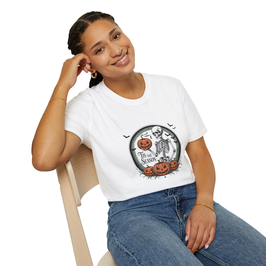 Tis the Season Skeleton Pumpkin T-Shirt — Funny Halloween Gift for Women Graphic Tee
