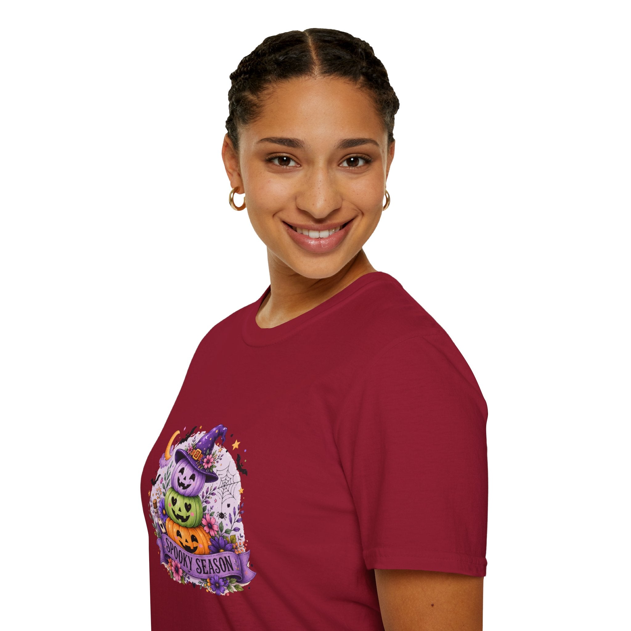 Spooky Season Pumpkin Stack T-Shirt — Cute Halloween Gift for Women Witch Hat Tee
