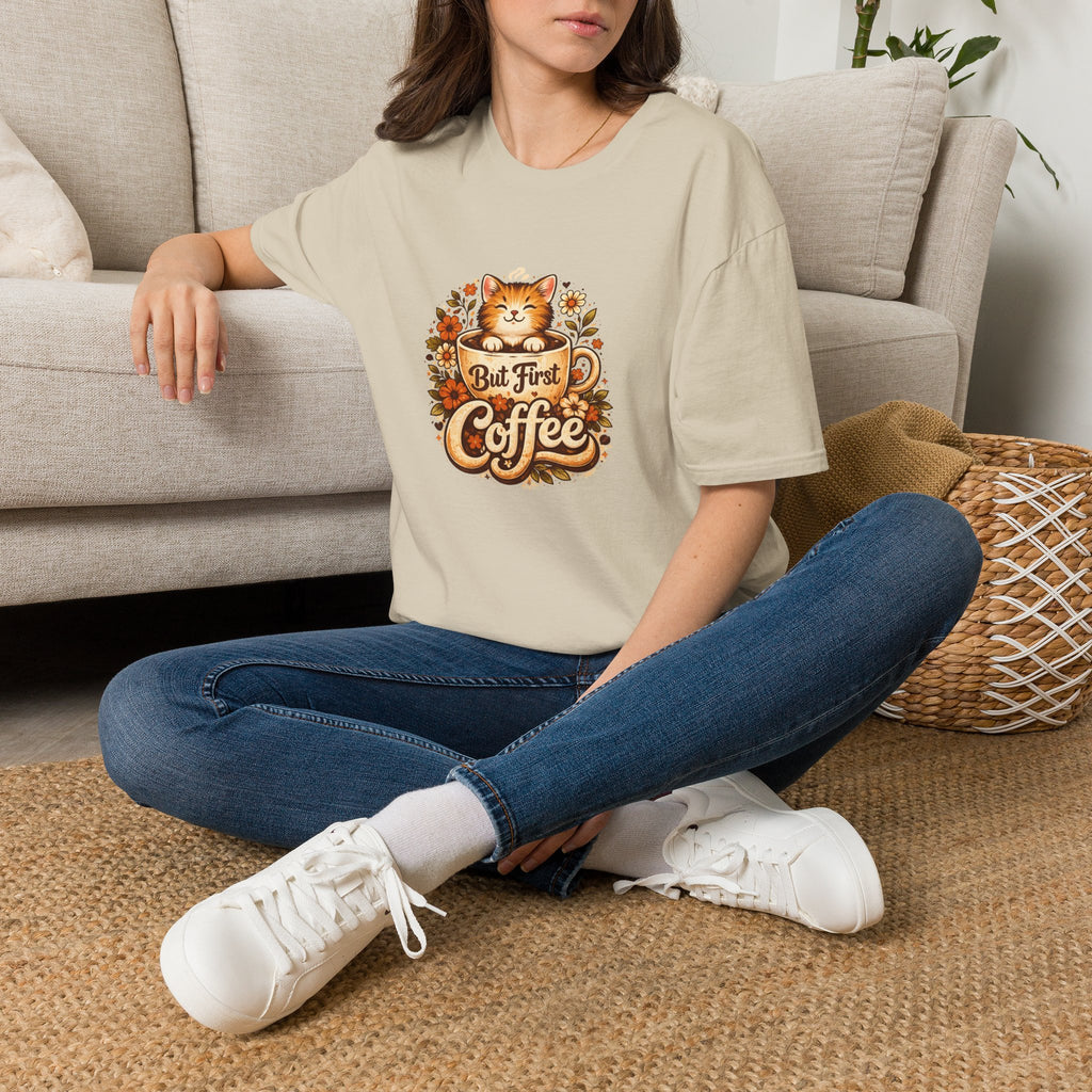 But First Coffee Cat T-Shirt — Cute Floral Gift for Coffee Lovers Women's Tee