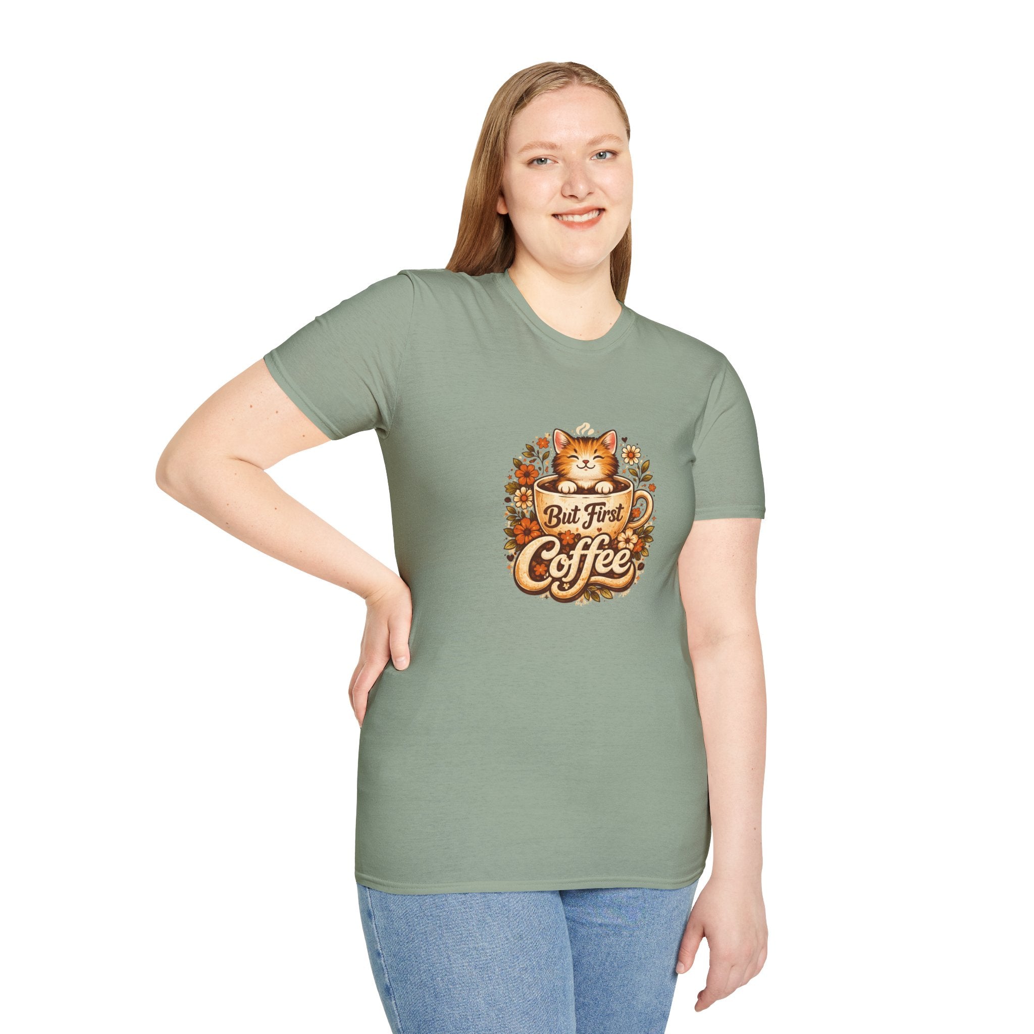 But First Coffee Cat T-Shirt — Cute Floral Gift for Coffee Lovers Women's Tee