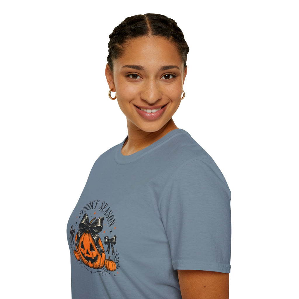 Spooky Season Jack-O'-Lantern Bow T-Shirt — Cute Halloween Gift for Women Graphic Tee