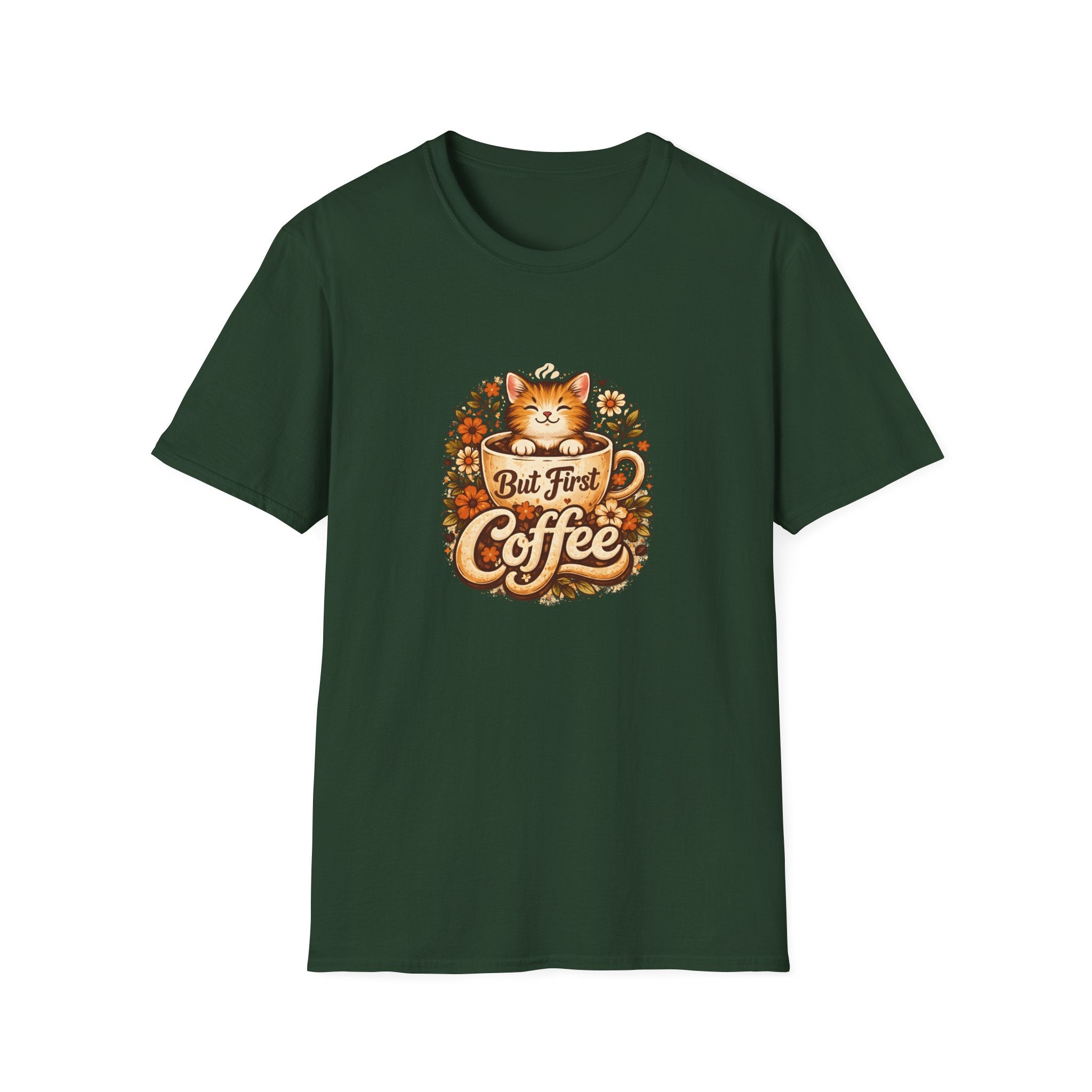 But First Coffee Cat T-Shirt — Cute Floral Gift for Coffee Lovers Women's Tee