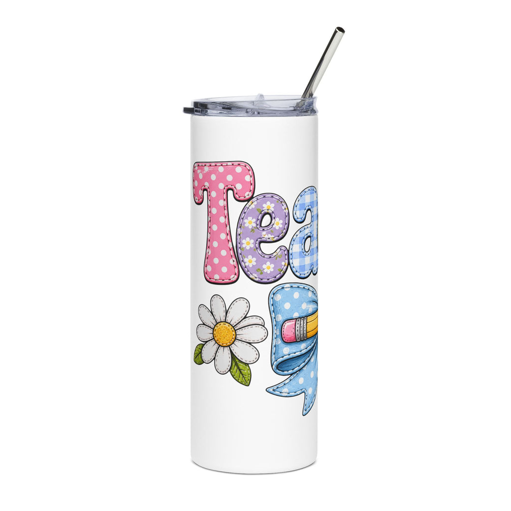 Cute Pastel Teach Bow & Daisy Teacher Tumbler — Cute Gift for Teachers 20oz Cup