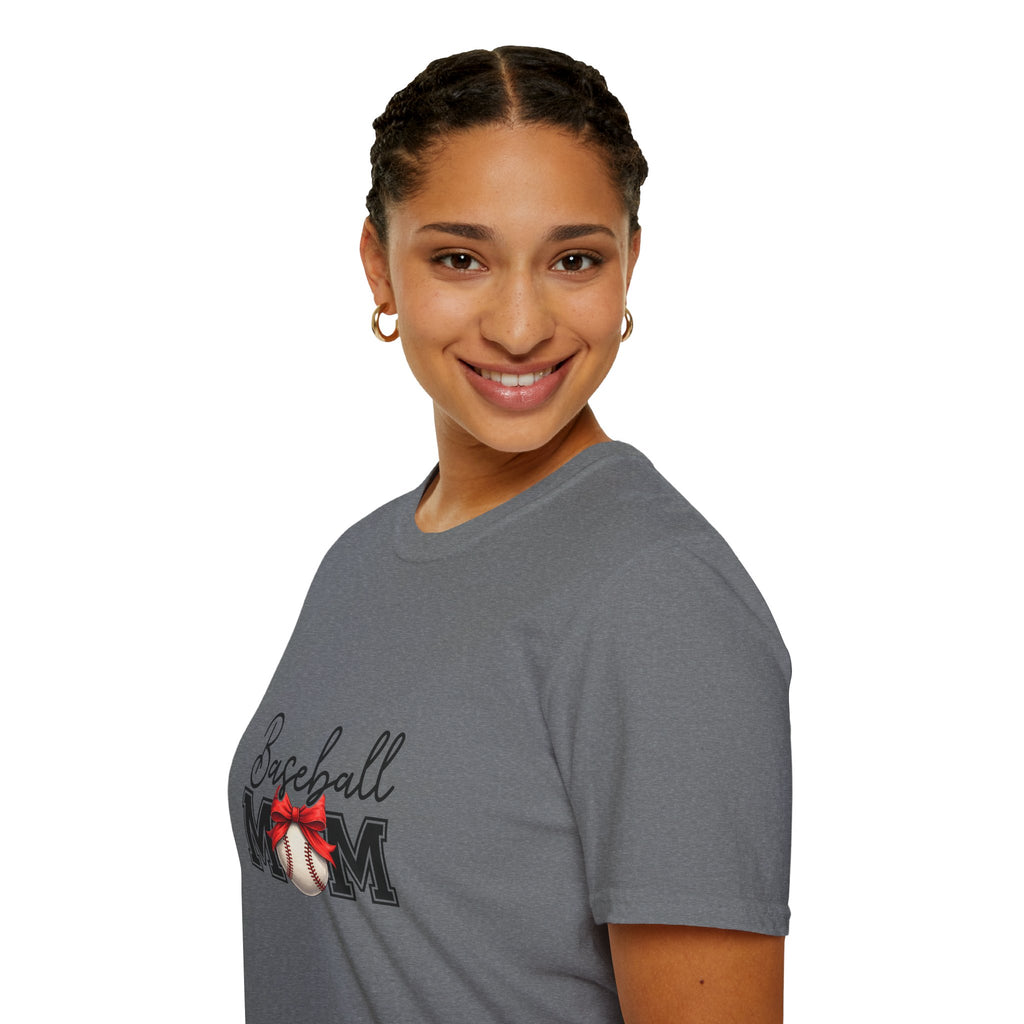 Baseball Mom T-Shirt — Cute Red Bow Gift for Sports Moms Game Day Graphic Tee