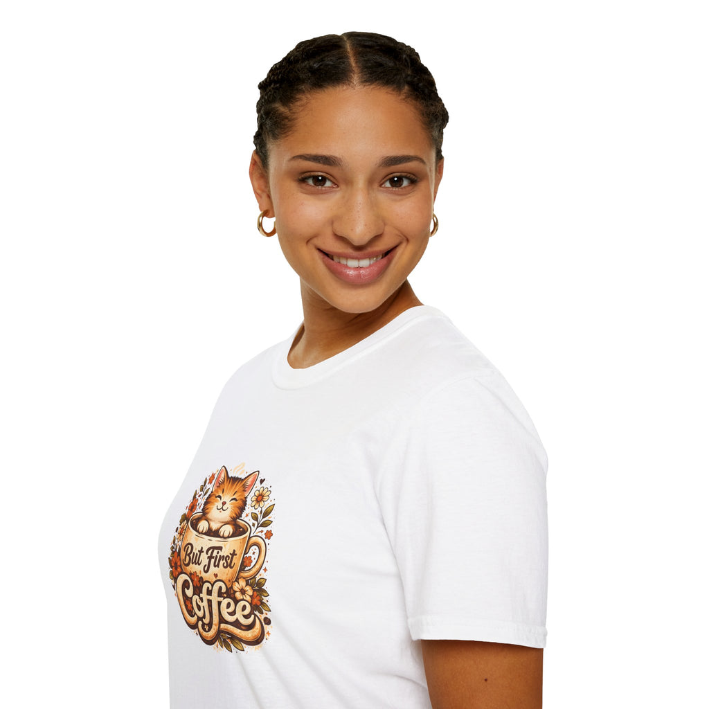 But First Coffee Cat T-Shirt — Cute Floral Gift for Coffee Lovers Women's Tee