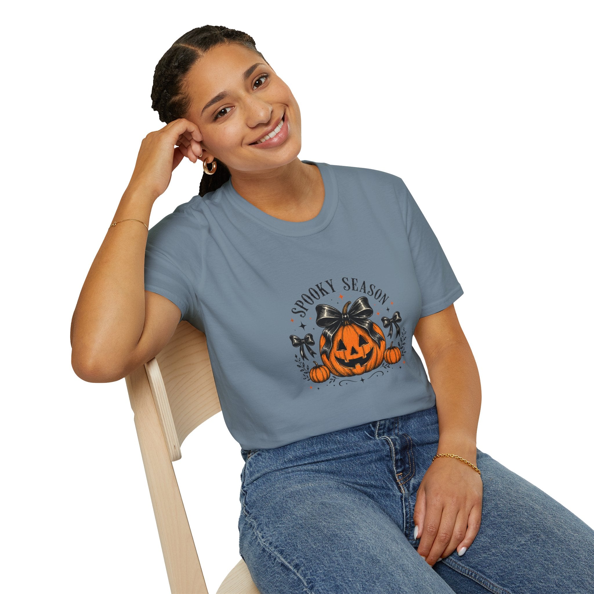 Spooky Season Jack-O'-Lantern Bow T-Shirt — Cute Halloween Gift for Women Graphic Tee